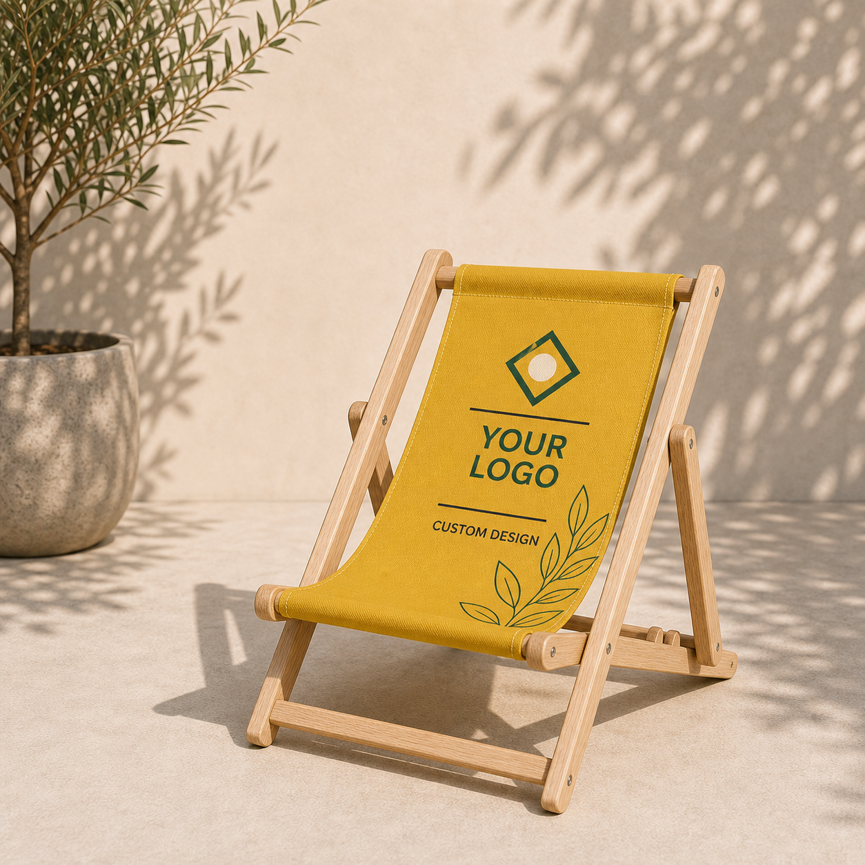 Custom printed compact wooden beach chair 97 x 45 cm with customer logo and design mockup