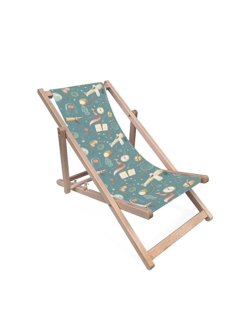 Compact wooden deck chair with printed fabric