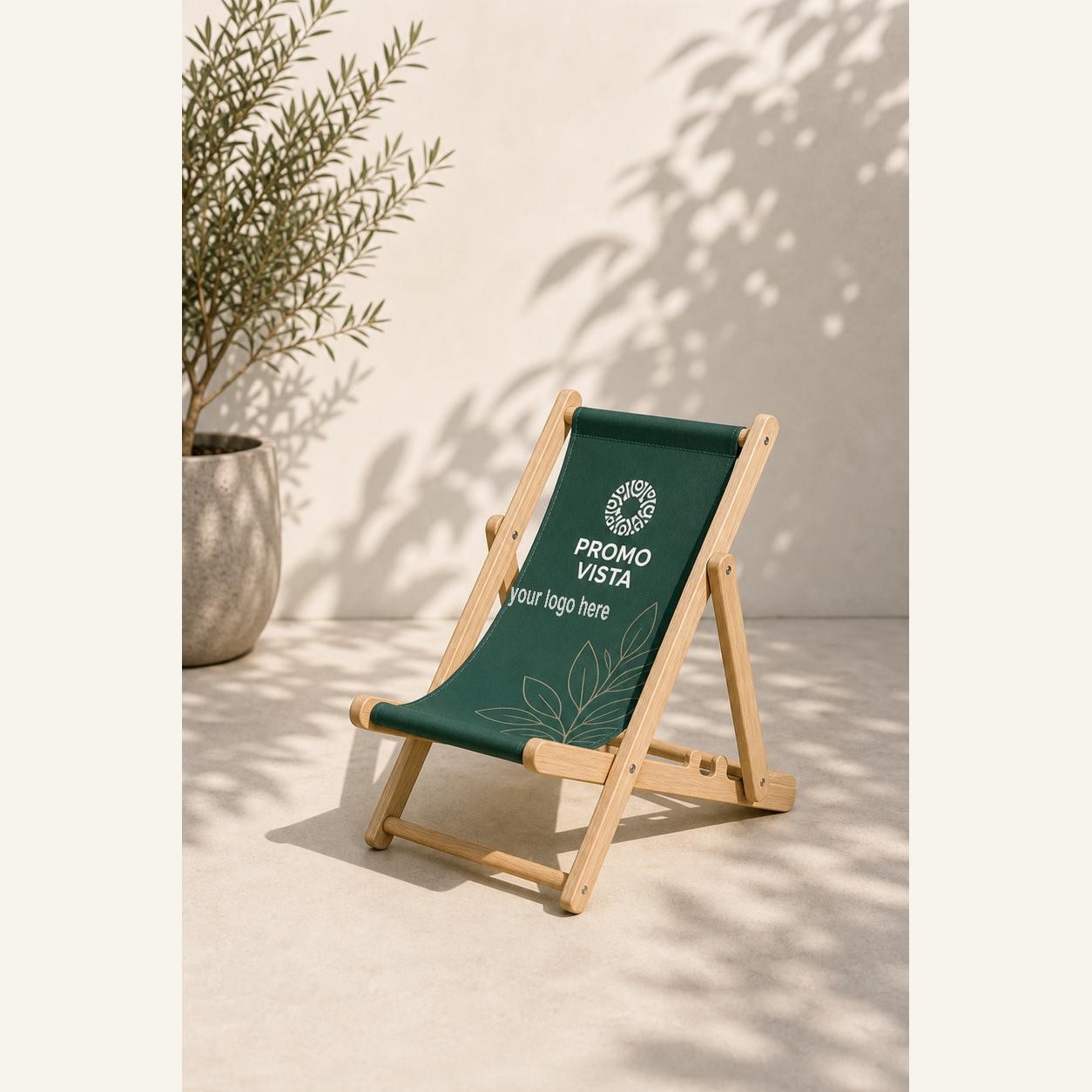 Custom printed compact wooden deck chair with Promo Vista custom logo mockup