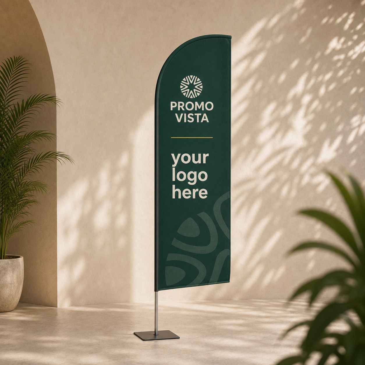 Custom printed crest beach flag with Promo Vista custom logo mockup