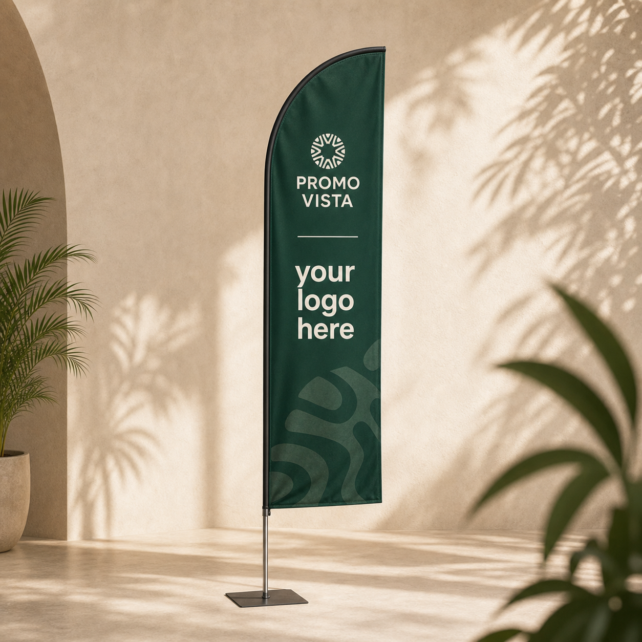 Promo Vista straight feather beach flag with logo - double-sided example