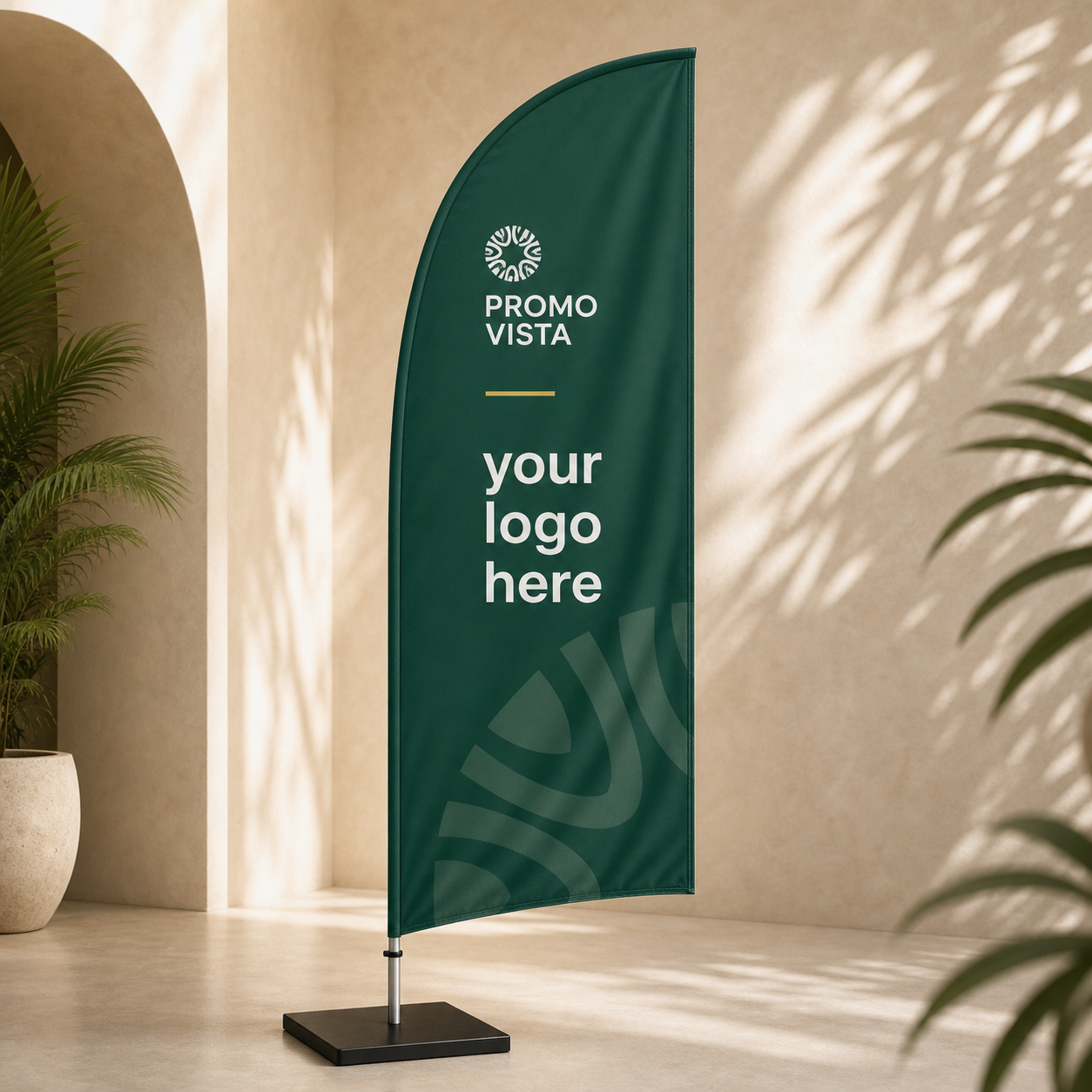 Custom printed double-sided premium curved beach flag with Promo Vista custom logo mockup