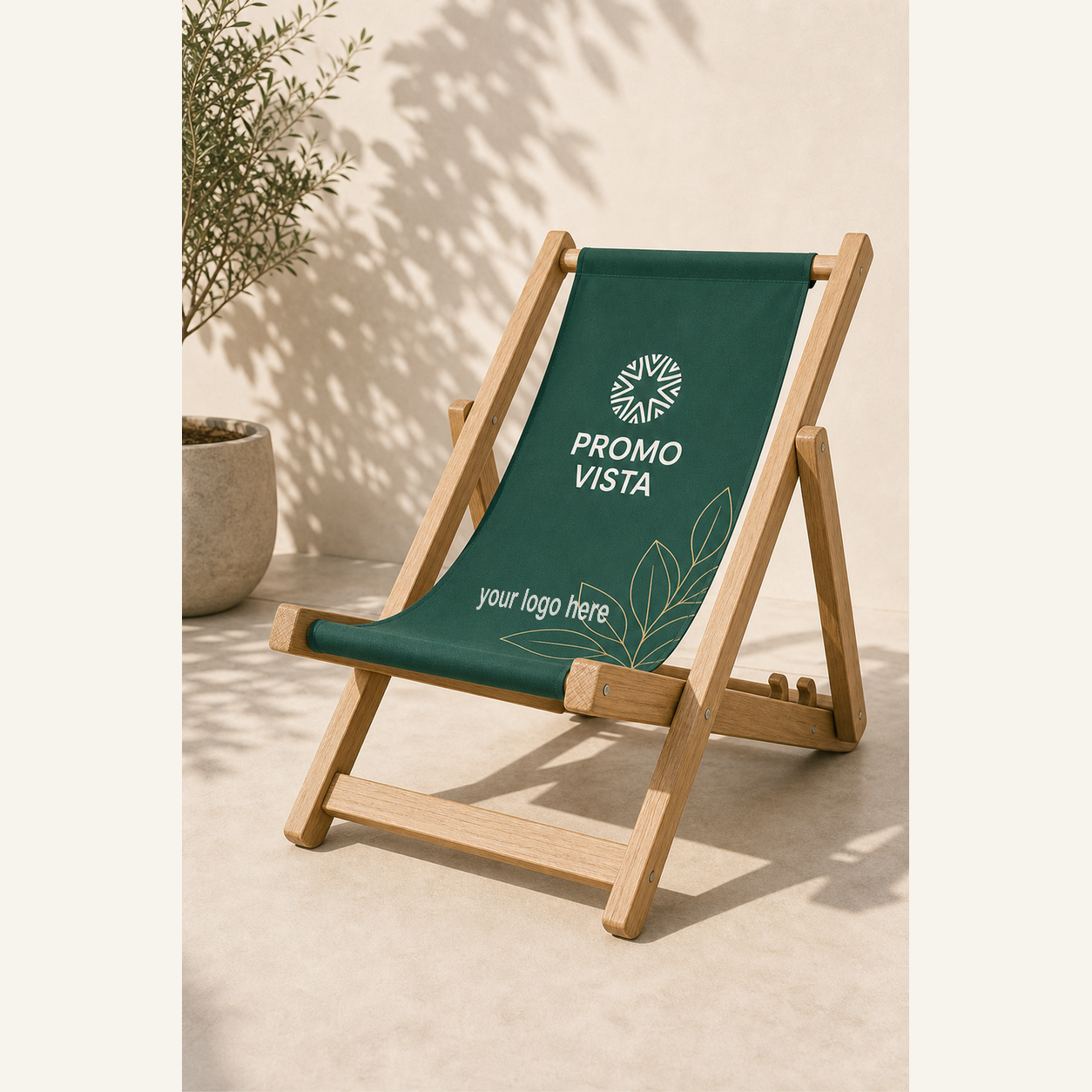 Custom printed heavy-duty wooden deck chair with Promo Vista custom logo mockup