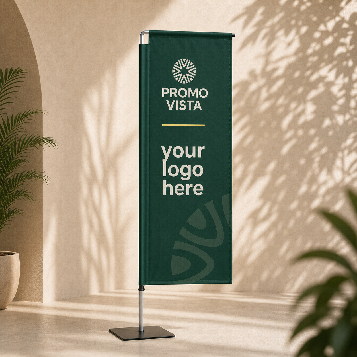 Custom printed premium square beach flag with Promo Vista custom logo mockup