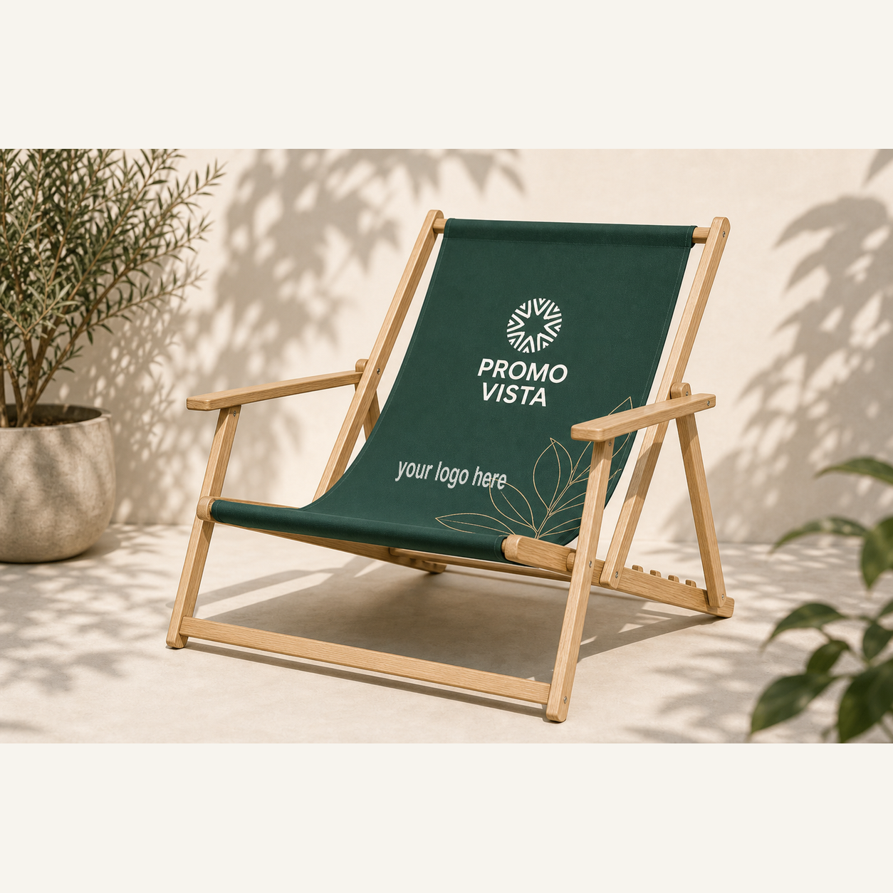 Custom printed premium wooden deck chair with Promo Vista custom logo mockup