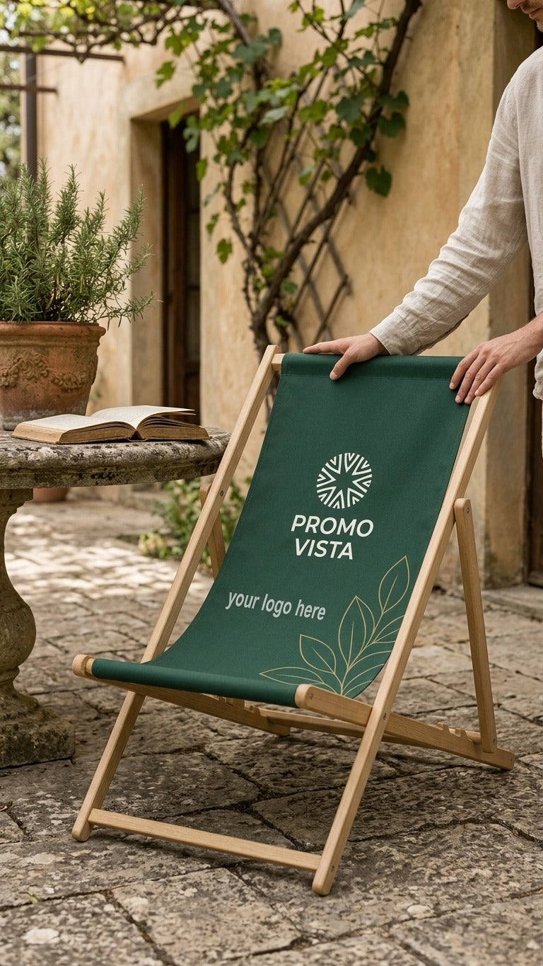 Custom printed wooden beach chair with logo in garden lifestyle setting