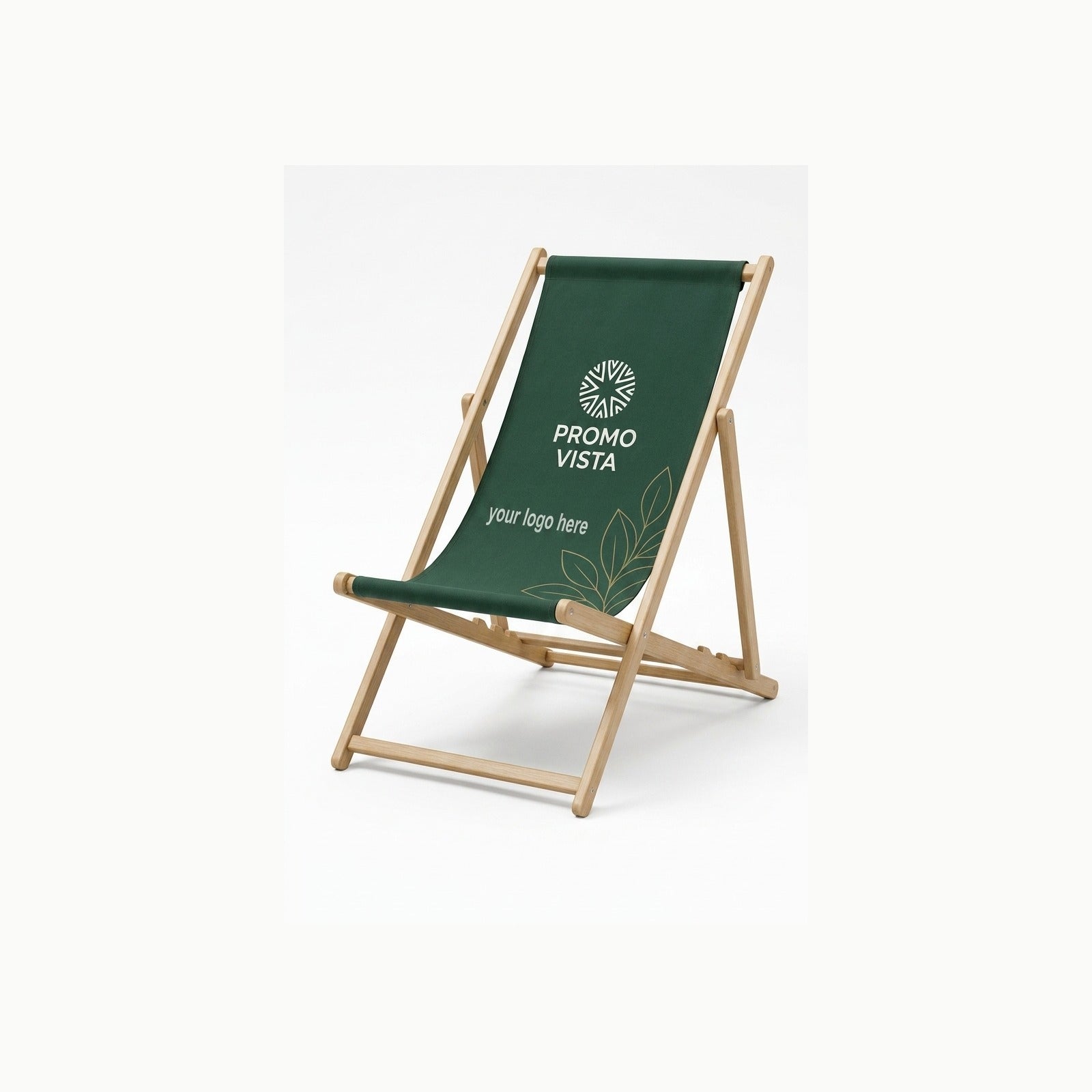 Custom printed wooden beach chair with green logo fabric studio product photo