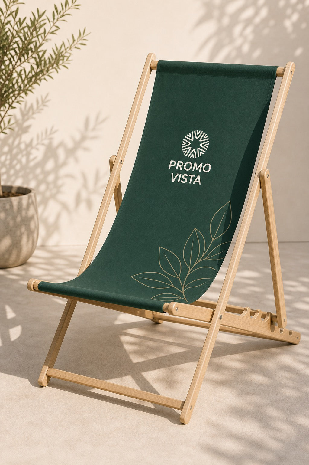 Custom printed wooden deck chair with Promo Vista logo