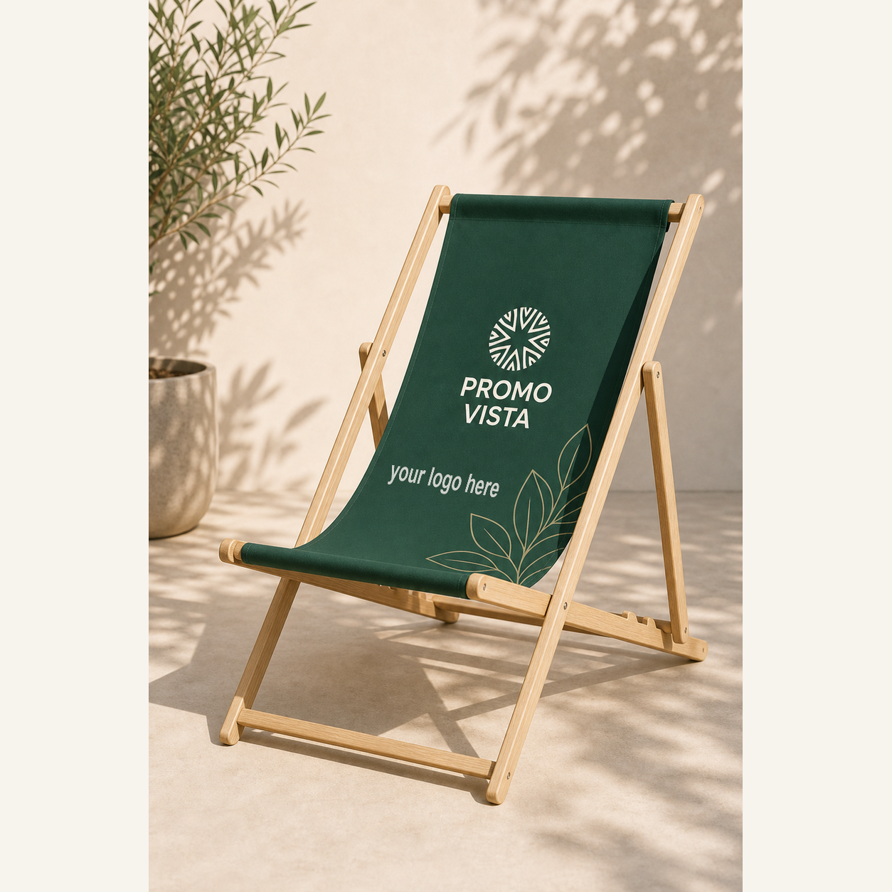 Custom printed wooden deck chair with Promo Vista custom logo mockup