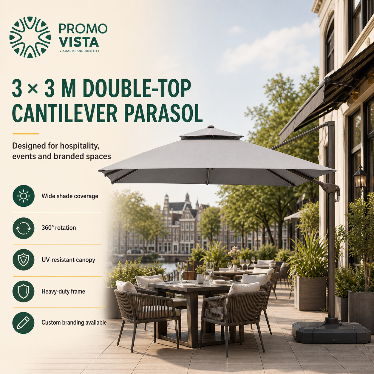 Promo Vista 3 x 3 m double-top cantilever parasol in a Dutch hospitality setting