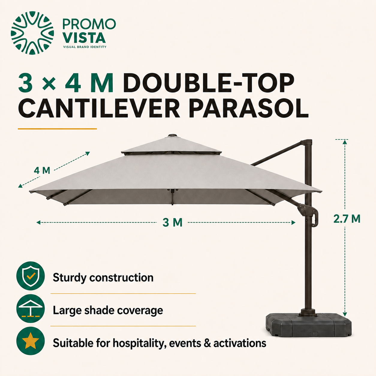 Promo Vista cantilever parasol dimensions: 3 m wide and 4 m projection from the mast