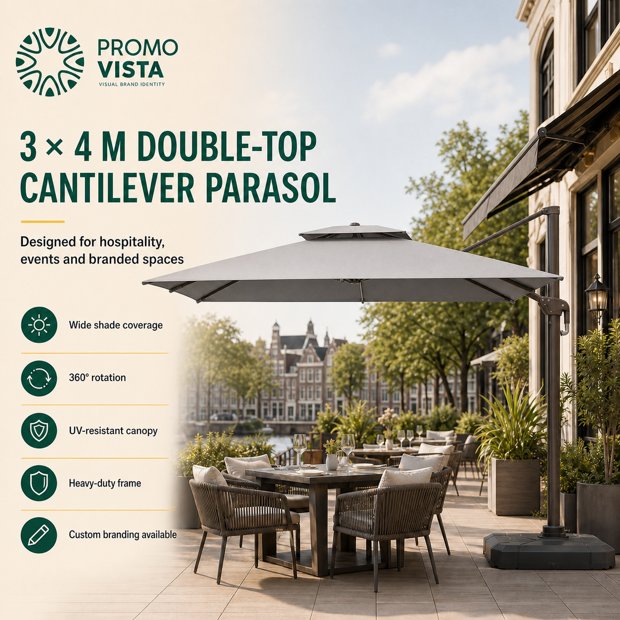 Promo Vista 3 x 4 m double-top cantilever parasol in a Dutch hospitality setting