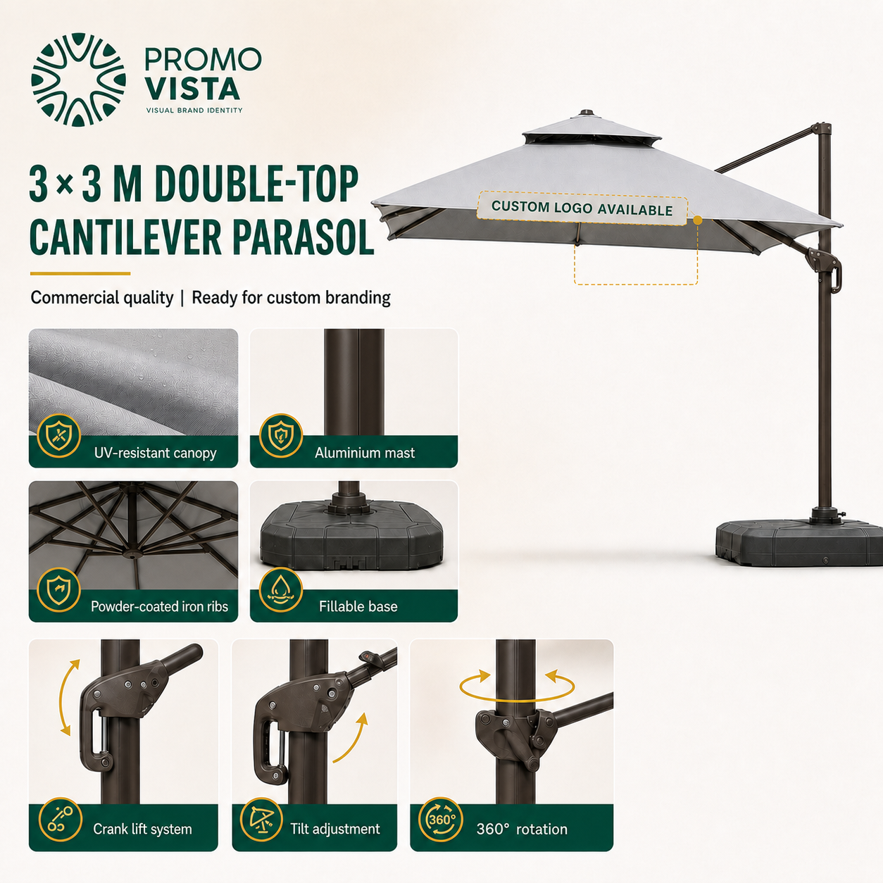 Basic 3 x 3 m cantilever parasol with aluminium mast and powder-coated iron ribs