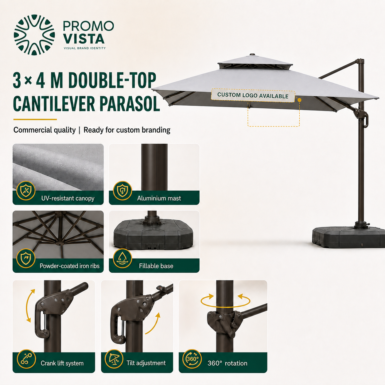 Basic 3 x 4 m cantilever parasol with aluminium mast and powder-coated iron ribs