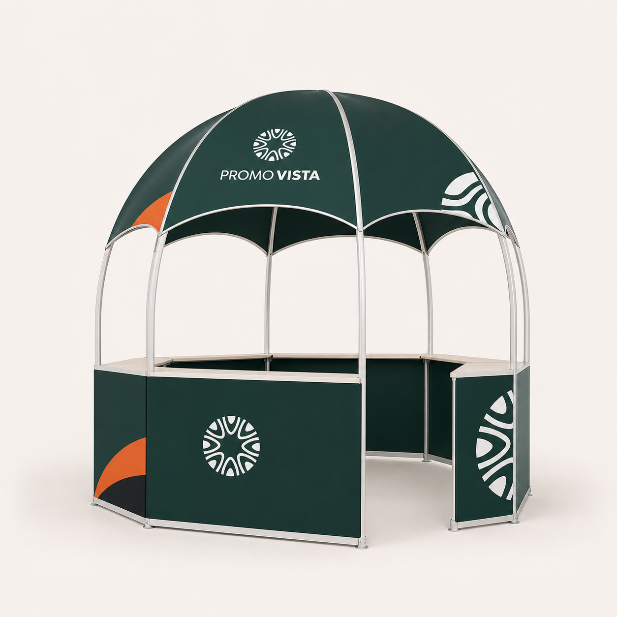 Promo Vista custom hexagonal promotional tent with printed canopy and counter walls