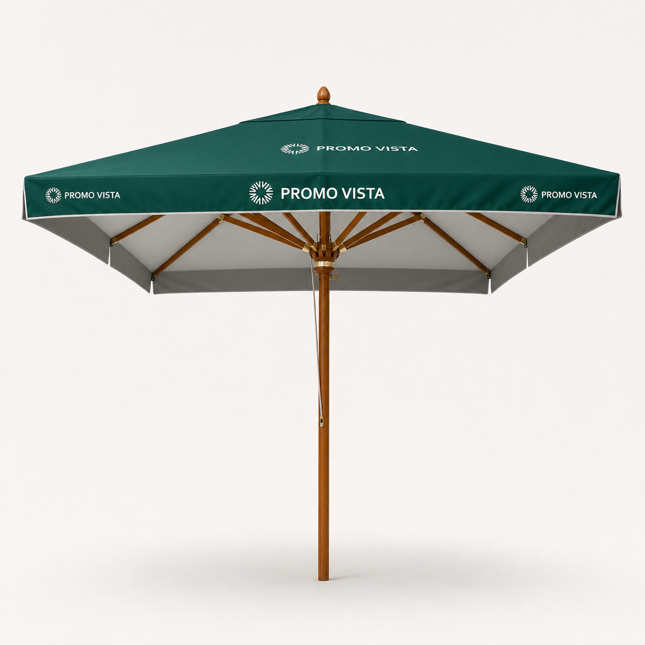 Custom printed wooden hospitality parasol 3 x 3 m in Promo Vista style