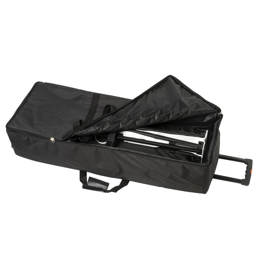 Folding fabric counter packed inside its wheeled trolley