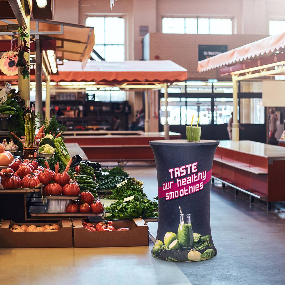 Slim oval promotional counter used in a market activation