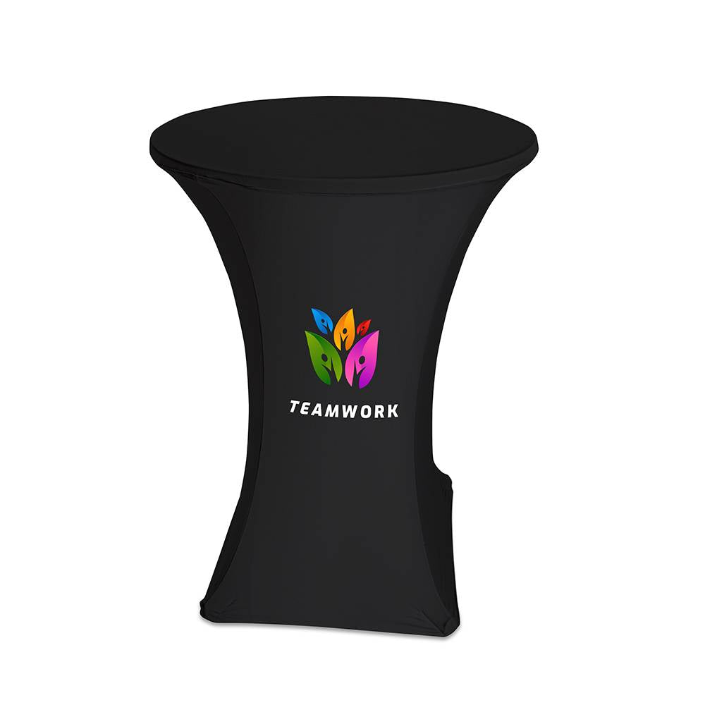 Custom Printed Stretch Cover for Round Standing Table – black example