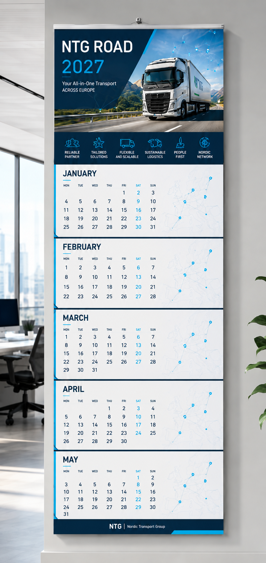 NTG Full custom Wall calendar with 5 months Showcase 90*33 cm