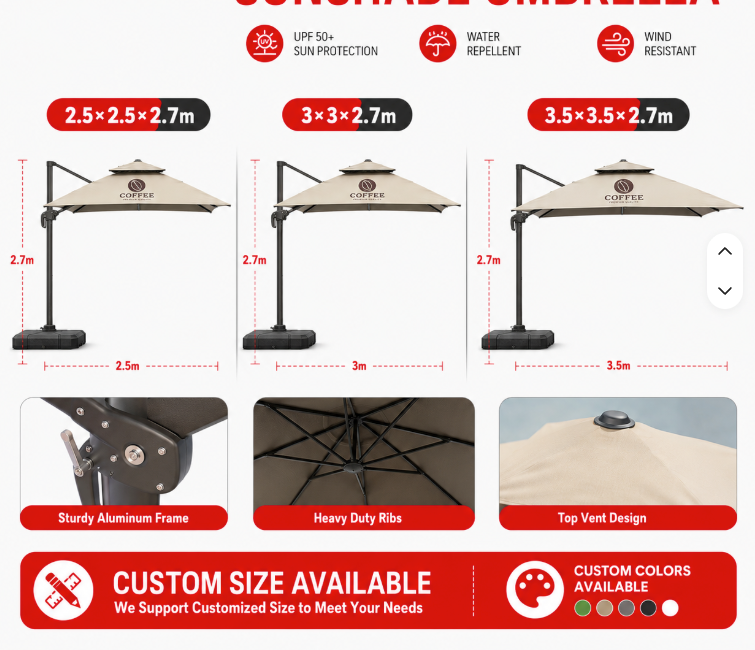 2.5x2.5m Regular Square Double-Top Rome Umbrella (Basic)