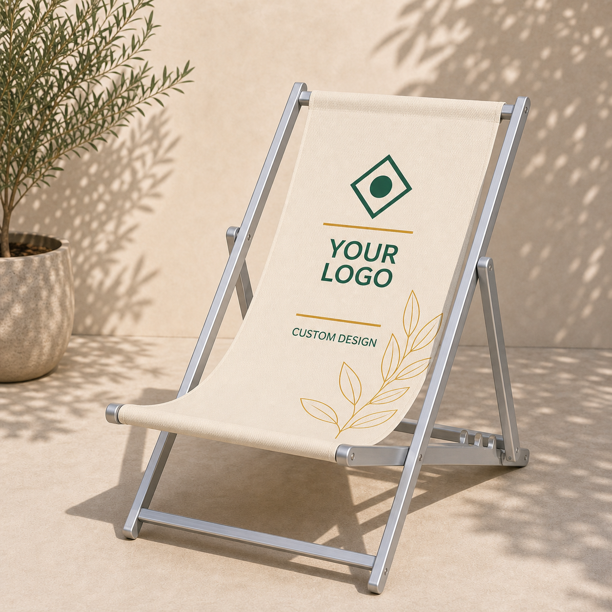 Custom printed aluminium beach chair 160 kg capacity with customer logo and design mockup