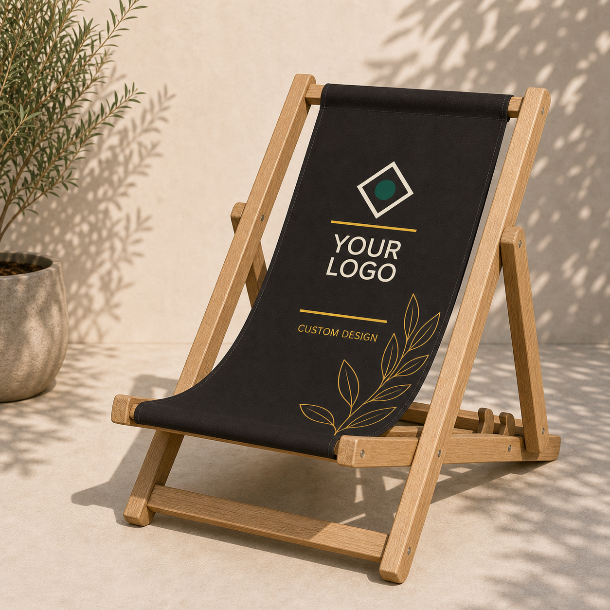 Custom printed heavy-duty wooden beach chair with 46 mm frame customer logo and design mockup