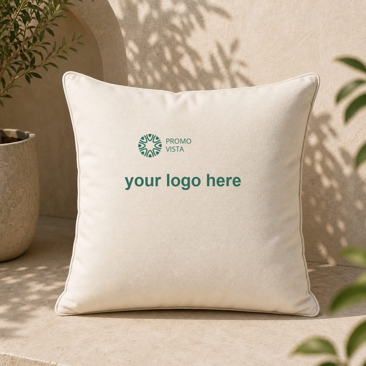 Custom printed outdoor cushion 50 x 50 cm with Promo Vista custom logo mockup