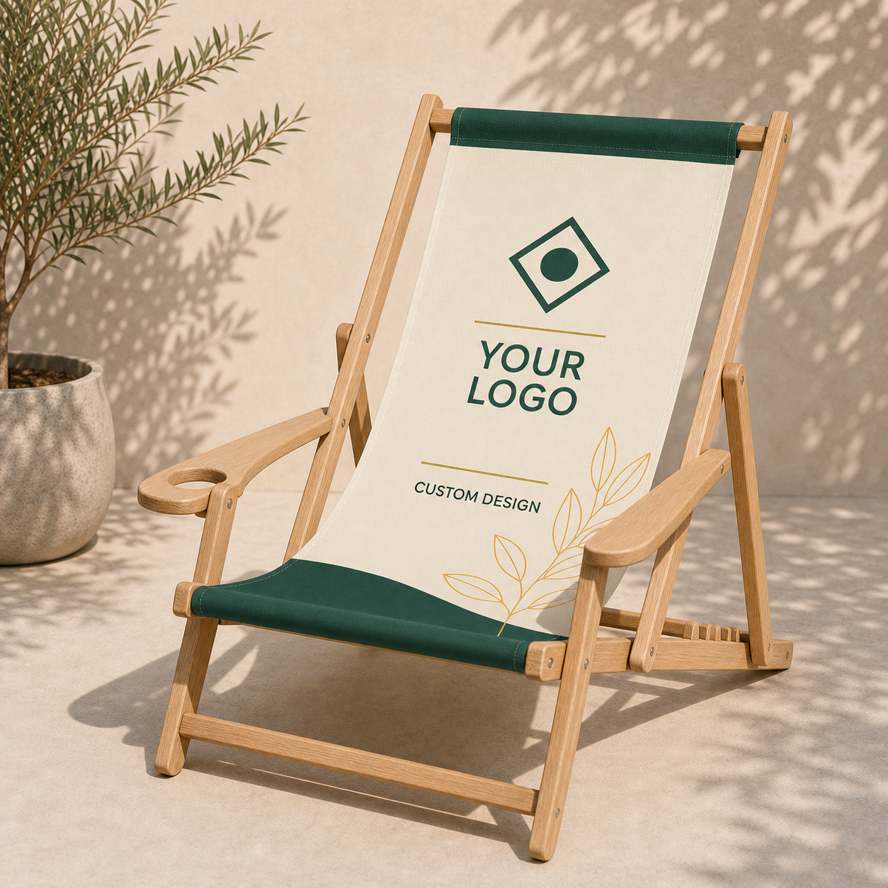 Custom printed premium wooden beach chair with armrests cup holder and customer logo mockup