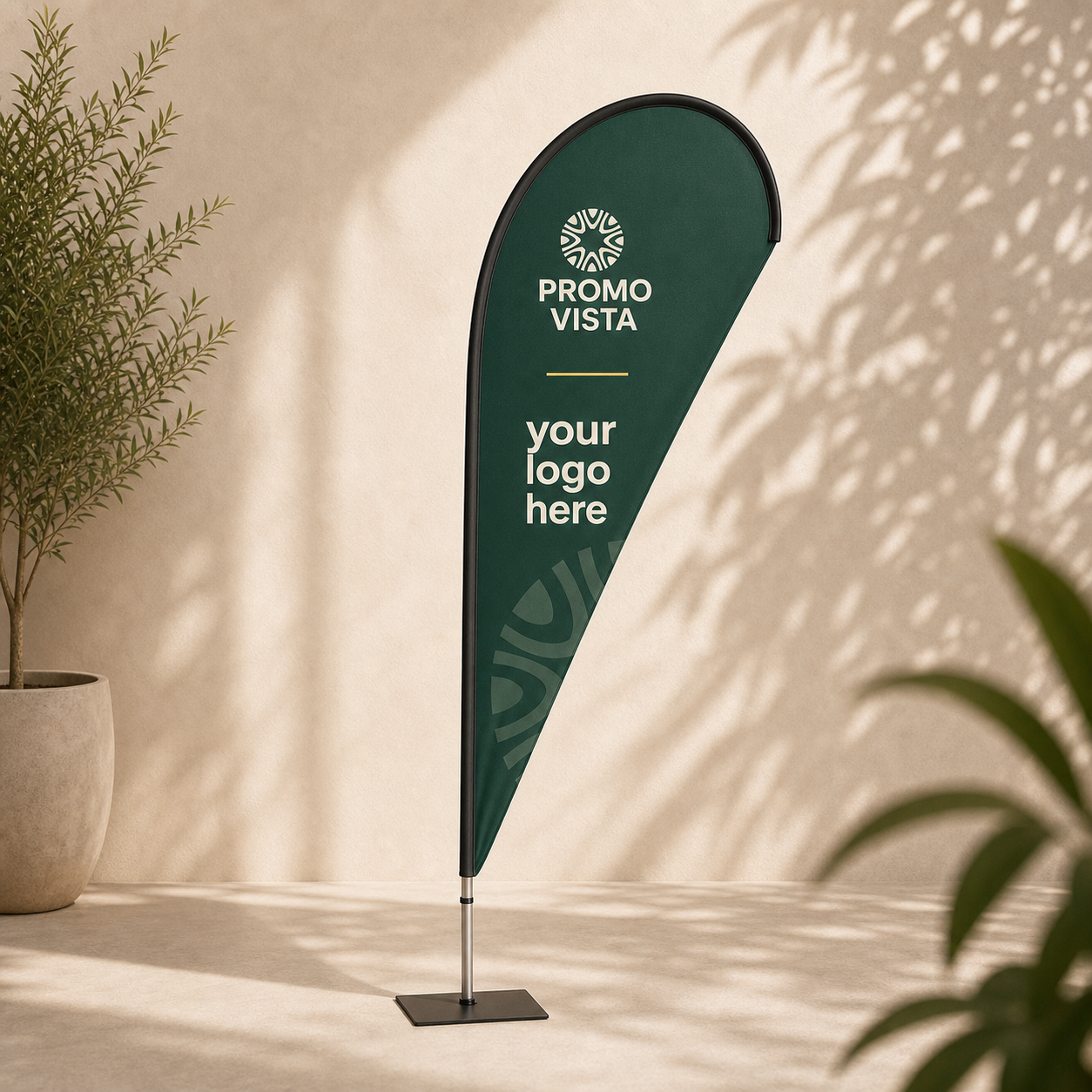 Custom printed teardrop beach flag with Promo Vista custom logo mockup