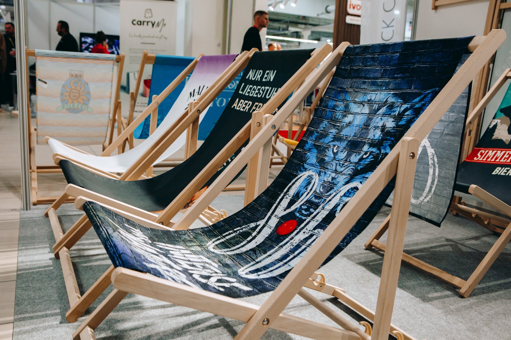 Custom printed wooden beach chairs with full colour branded fabric designs