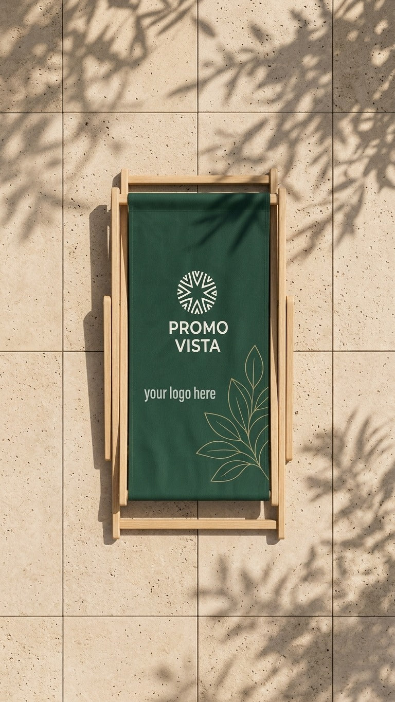 Custom printed wooden beach chair top view with branded green fabric