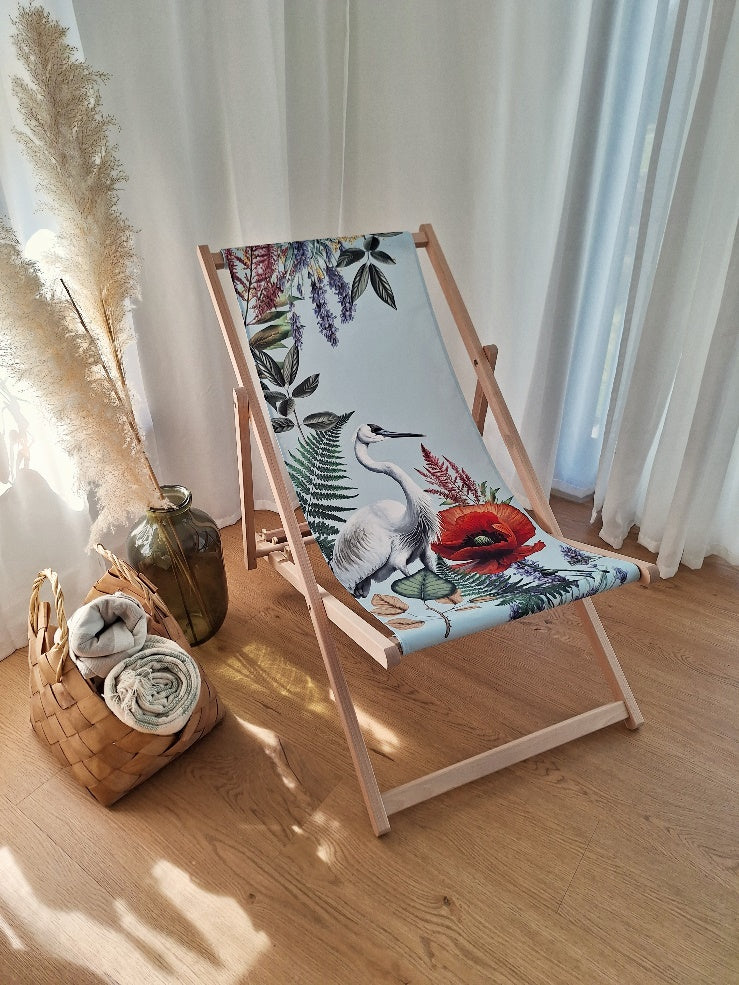 Custom printed wooden deck chair lifestyle view