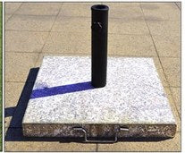 40 kg square marble parasol base with black steel pole tube and recessed carrying handle, 52 × 54 × 8 cm
