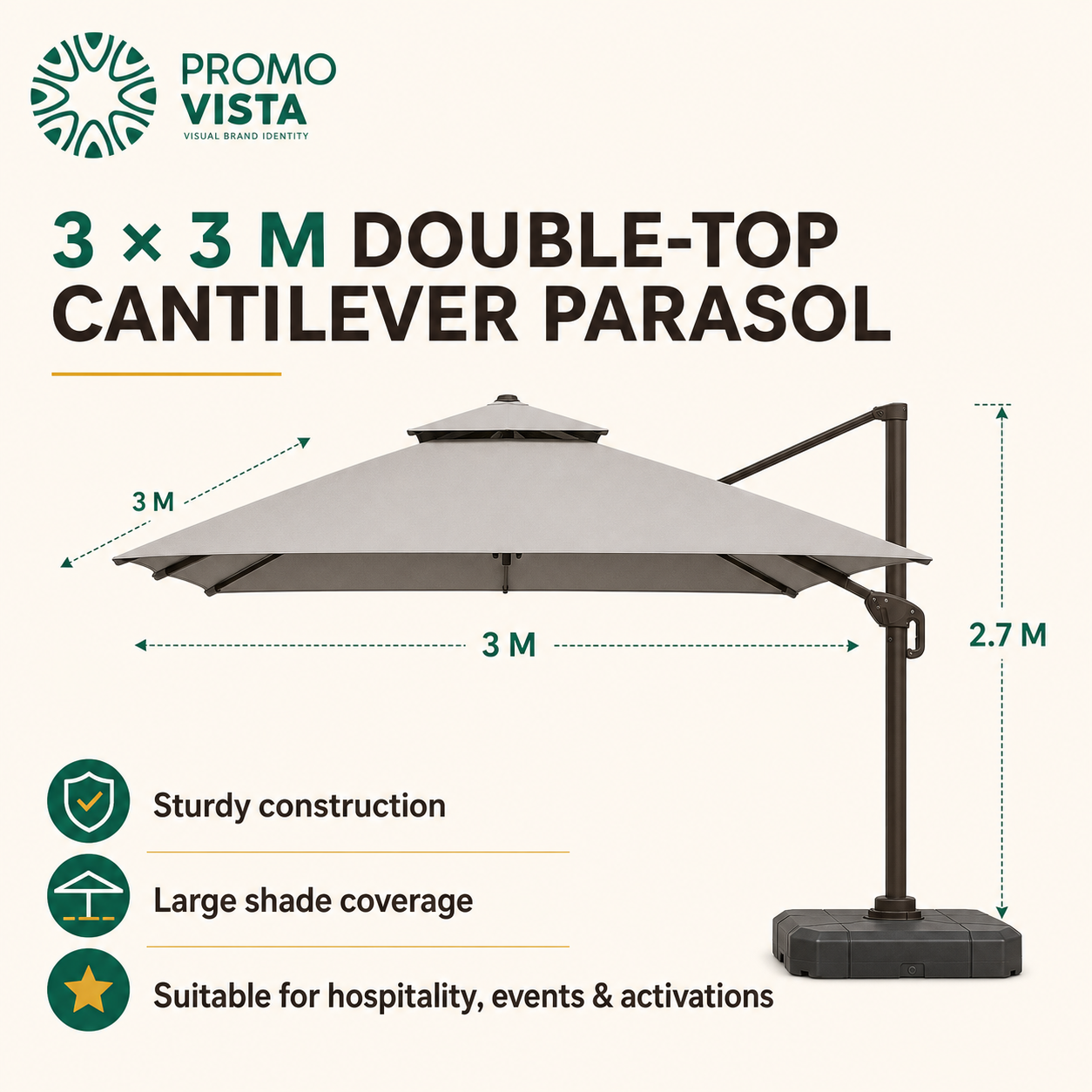Promo Vista 3 x 3 m cantilever parasol dimensions and specifications