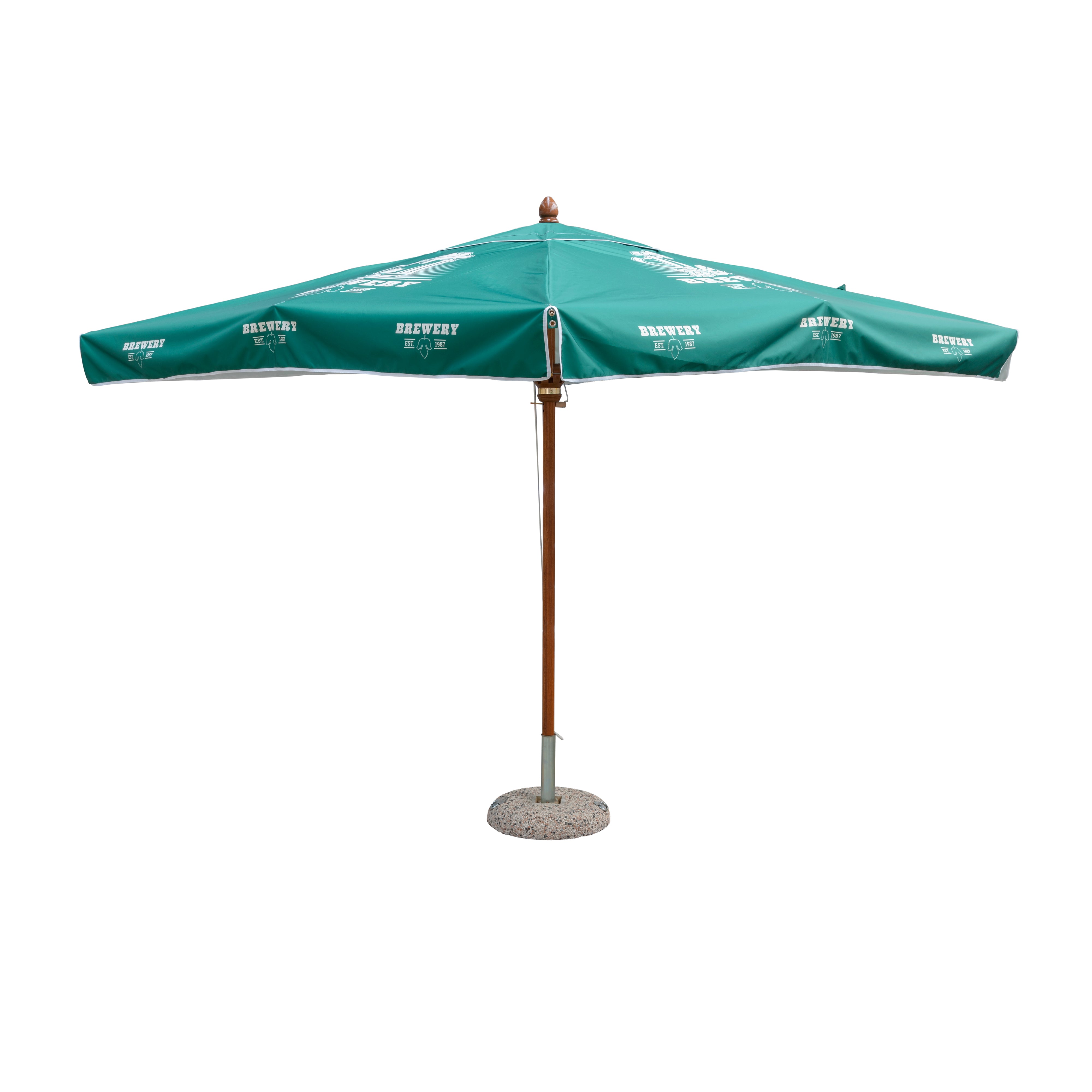 Custom printed 3 x 3 m terrace parasol with wooden frame and optional 55 kg base
