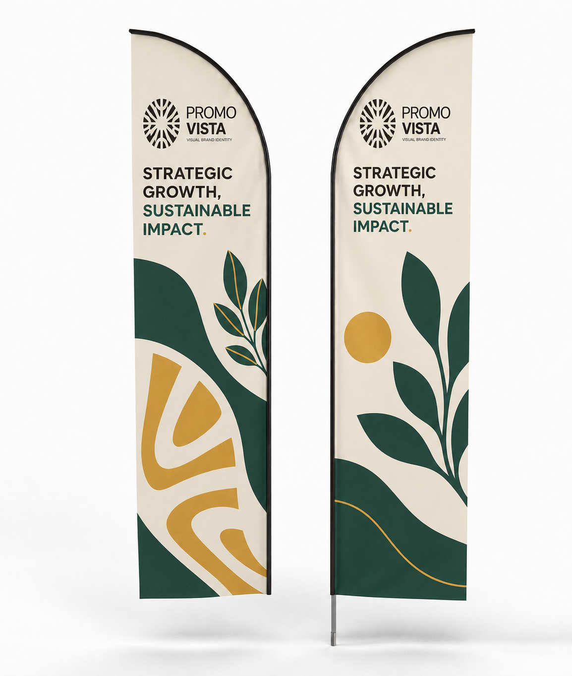 Double-sided feather flags with clean abstract Promo Vista artwork