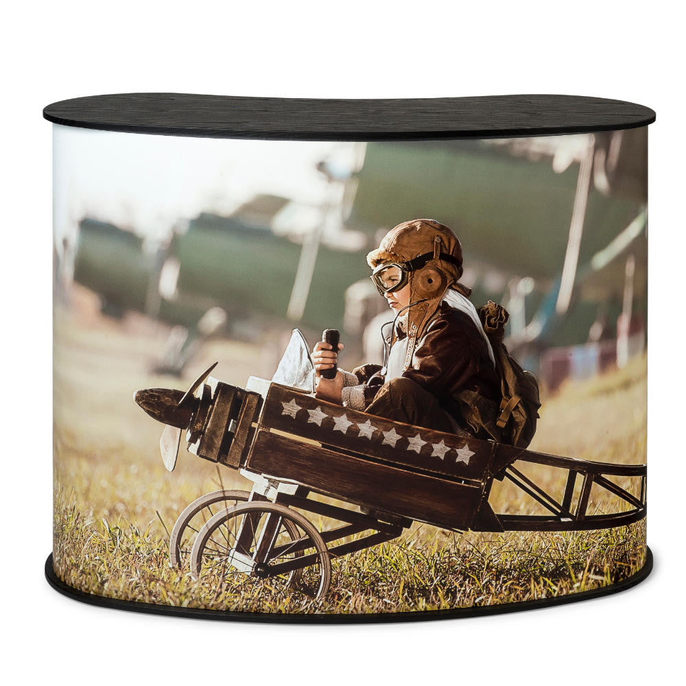 Large curved promotional counter with full-colour print