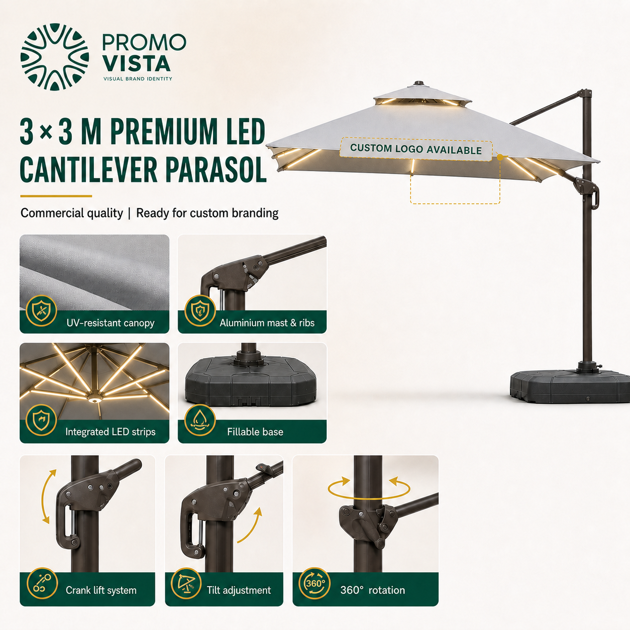Premium LED 3 x 3 m cantilever parasol with aluminium ribs and integrated LED strips