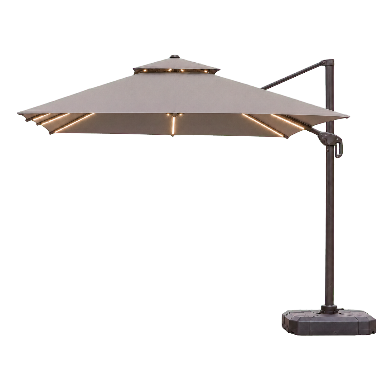 Premium LED 3 x 3 m cantilever parasol with illuminated aluminium ribs on transparent background