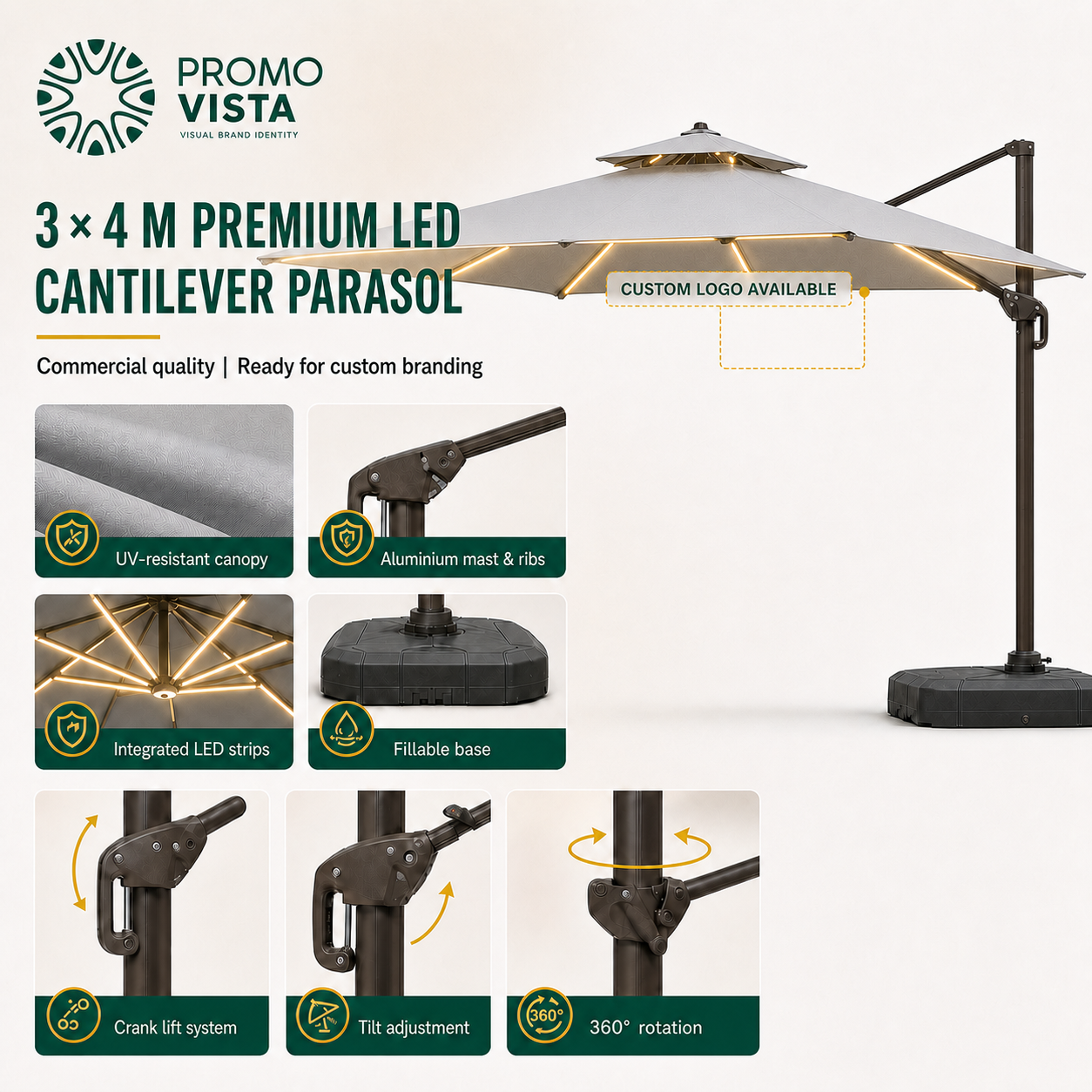 Premium LED 3 x 4 m cantilever parasol with aluminium ribs and integrated LED strips