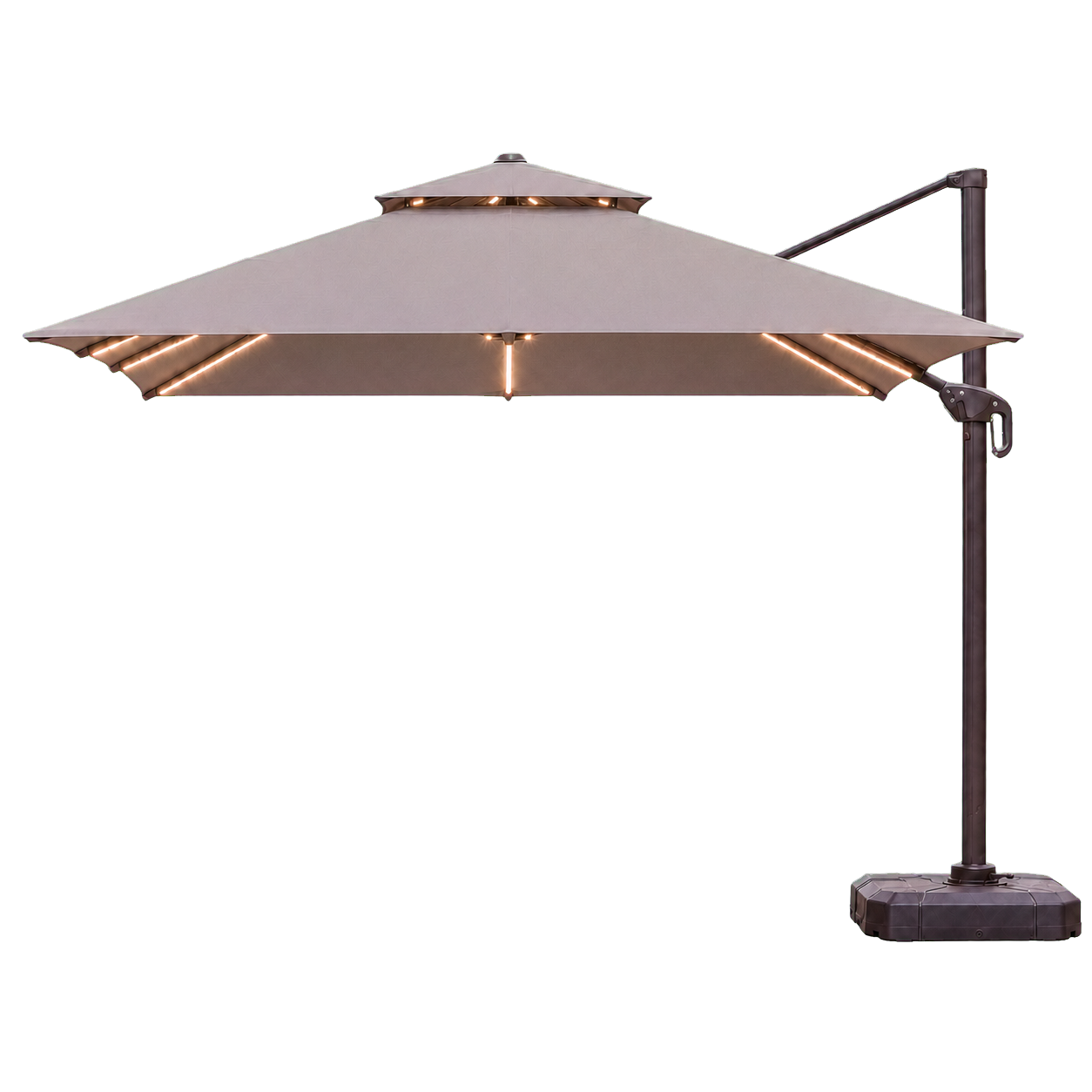Premium LED cantilever parasol 3 m wide by 4 m projection with illuminated aluminium ribs