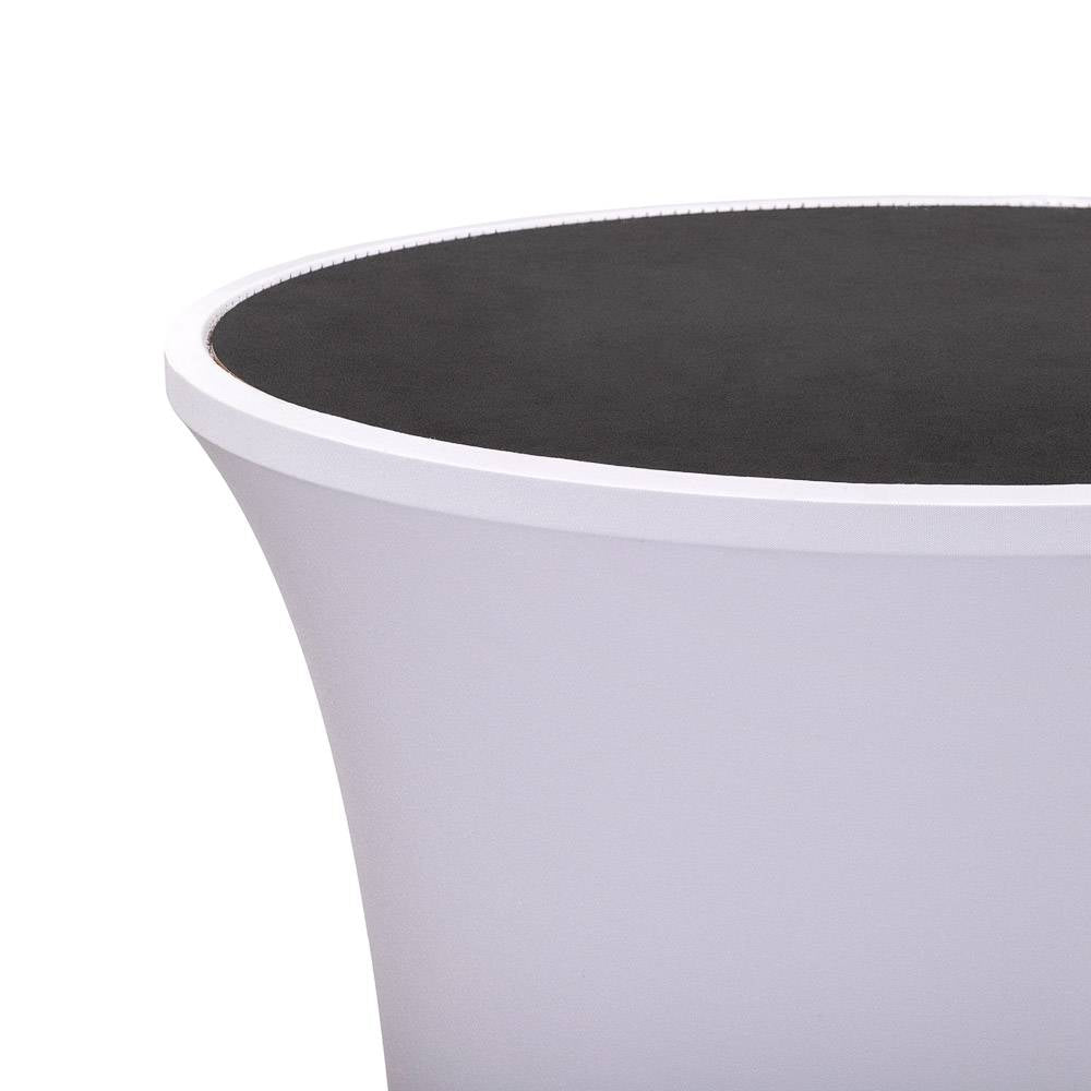 Close-up of the oval counter tabletop and fitted fabric