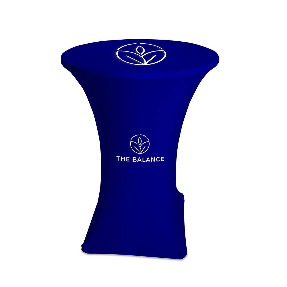Custom Printed Stretch Cover for Round Standing Table – blue example
