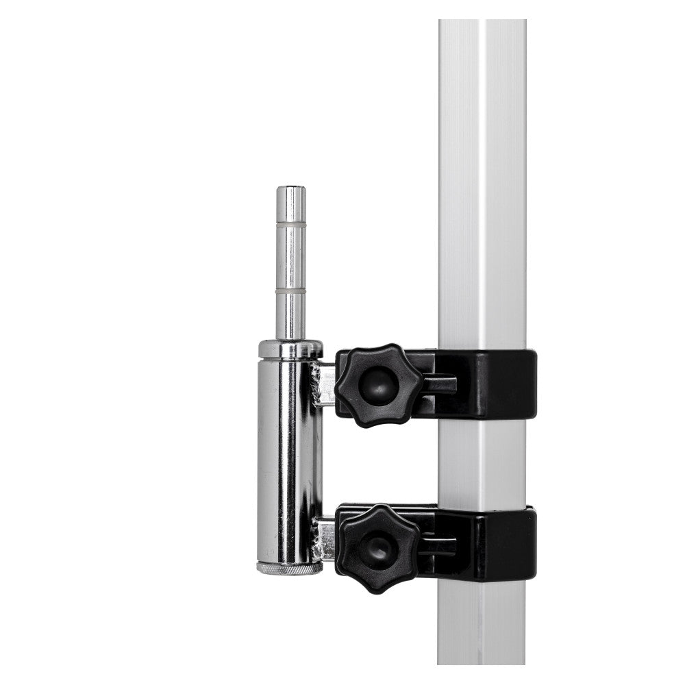 Tent-mounted 17 mm rotating beach flag holder attached to an aluminium event tent leg