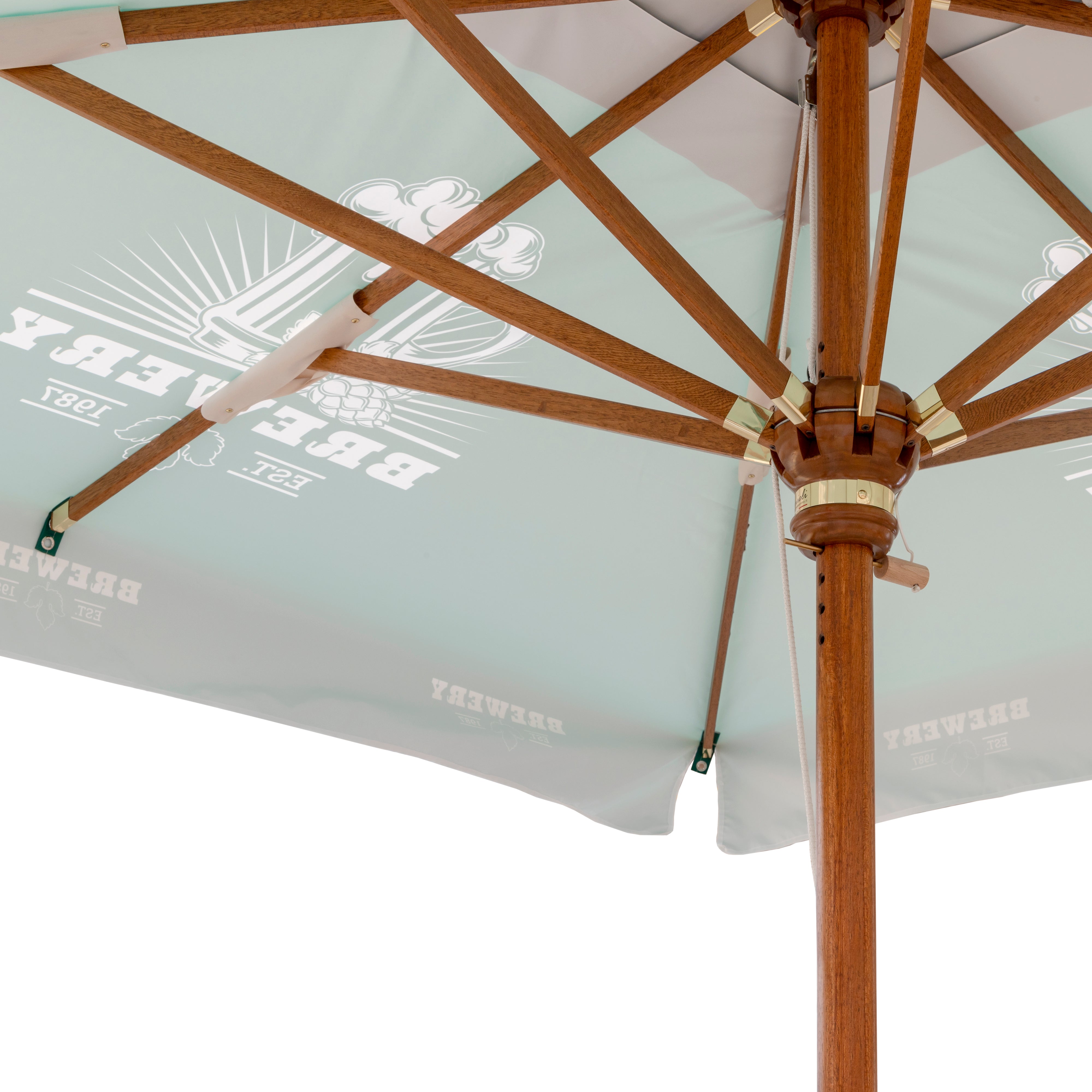 Varnished wooden frame detail of the 3 x 3 m terrace parasol