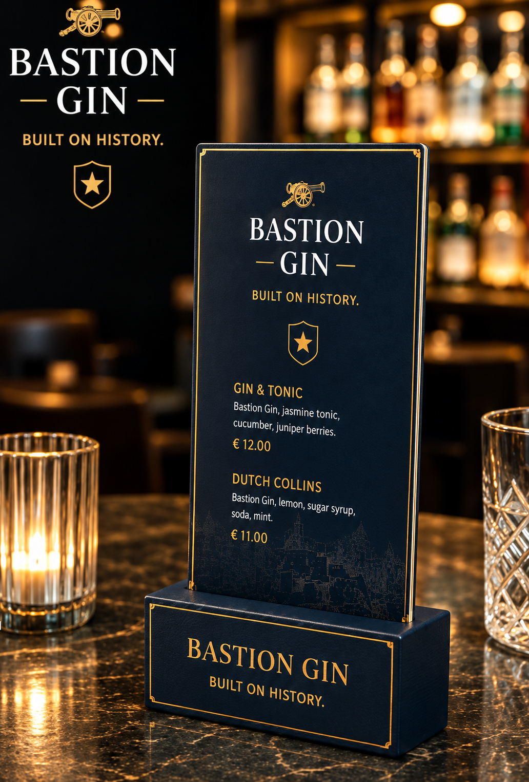 Bastion Gin Premium Wooden Tabletop Menu Holder